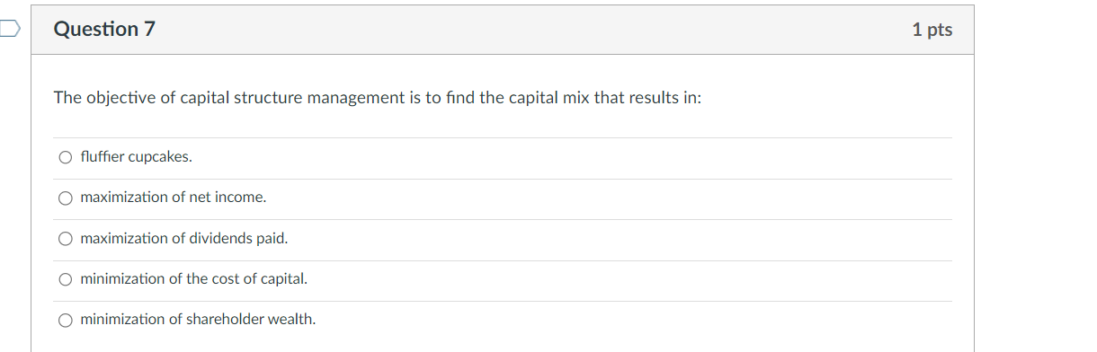 Question 7 The objective of capital structure management is to find the capital mix that results in: O