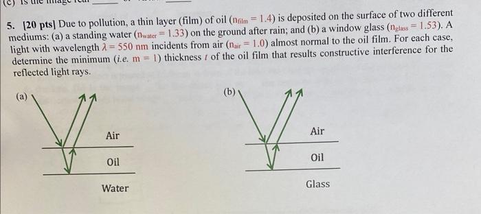 5. [20 pts] Due to pollution, a thin layer (film) of oil (nfilm = 1.4) is deposited on the surface of two