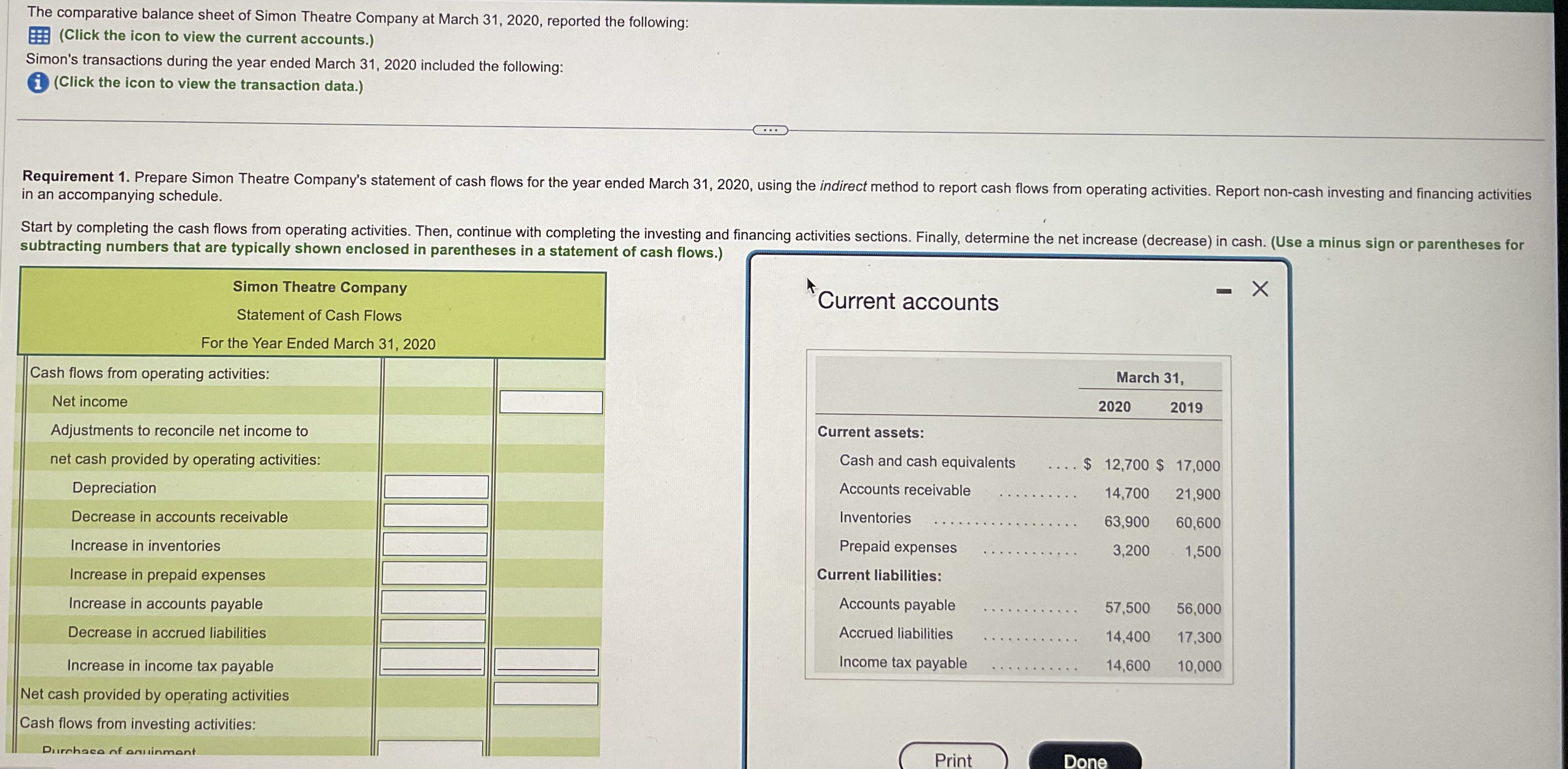 The comparative balance sheet of Simon Theatre Company at March 31, 2020, reported the following: (Click the