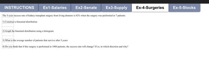 INSTRUCTIONS Ex1-Salaries Ex2-Senate Ex3-Supply The 5-year success rate of kidney transplant surgery from