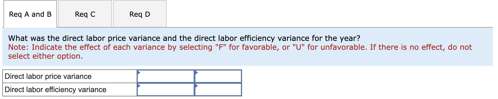 Req A and B Req C Reg D What was the direct labor price variance and the direct labor efficiency variance for