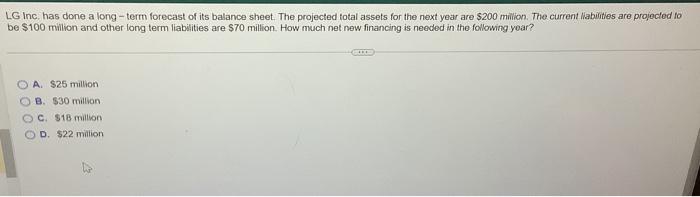 LG Inc. has done a long-term forecast of its balance sheet. The projected total assets for the next year are