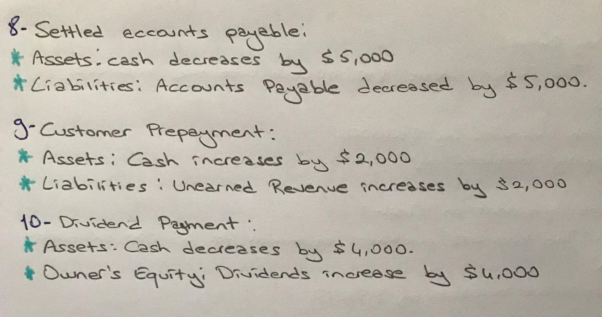 8- Settled accounts payablei *Assets: cash decreases by $5,000 *Liabilities: Accounts Payable decreased by