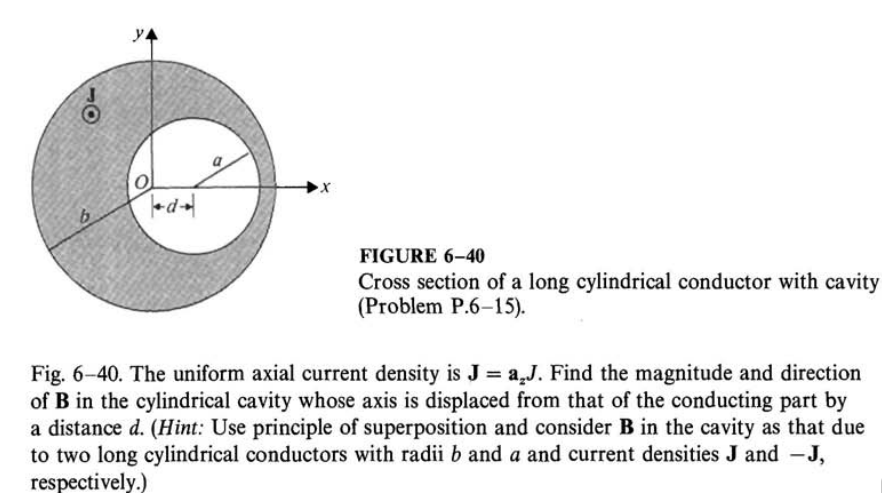 10 y 0 FIGURE 6-40 Cross section of a long cylindrical conductor with cavity (Problem P.6-15). Fig. 6-40. The