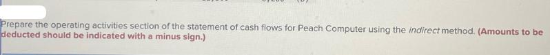 Prepare the operating activities section of the statement of cash flows for Peach Computer using the indirect