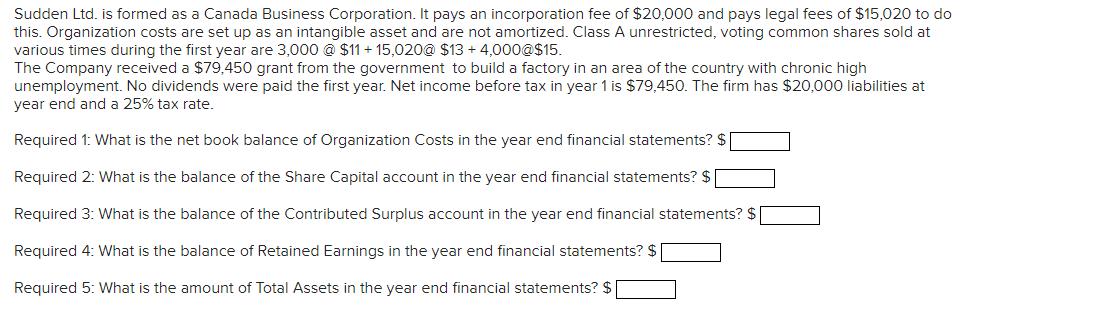 Sudden Ltd. is formed as a Canada Business Corporation. It pays an incorporation fee of $20,000 and pays