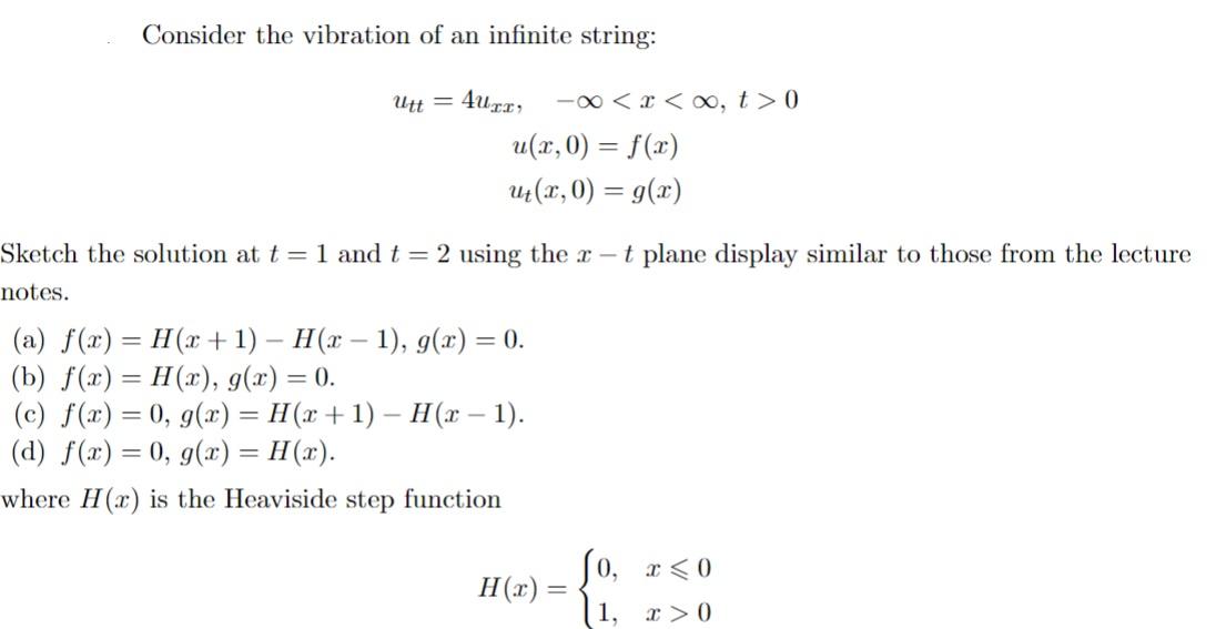 Consider the vibration of an infinite string: Utt = 4uxx, - < 0 u(x, 0)= f(x) ut(x,0) = g(x) Sketch the