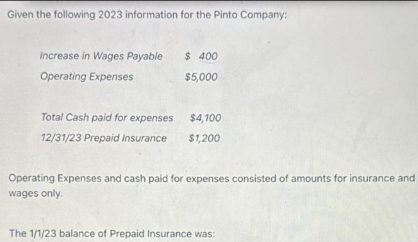 Given the following 2023 information for the Pinto Company: Increase in Wages Payable Operating Expenses