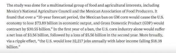 The study was done for a multinational group of food and agricultural interests, including Mexico's National