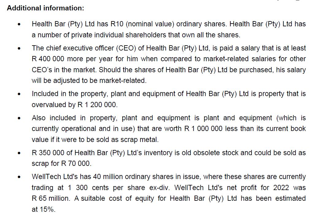 Additional information:       Health Bar (Pty) Ltd has R10 (nominal value) ordinary shares. Health Bar (Pty)