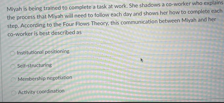 Miyah is being trained to complete a task at work. She shadows a co-worker who explains the process that