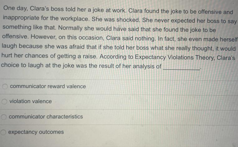 One day, Clara's boss told her a joke at work. Clara found the joke to be offensive and inappropriate for the