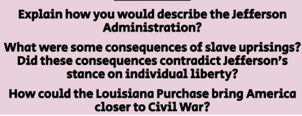 Explain how you would describe the Jefferson Administration? What were some consequences of slave uprisings?