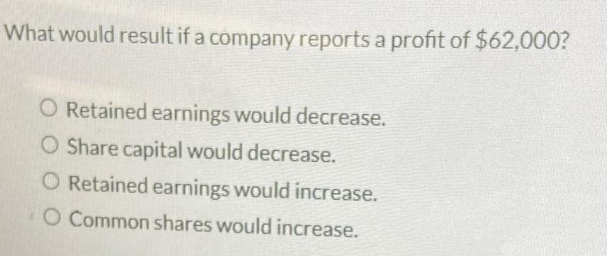 What would result if a company reports a profit of $62,000? O Retained earnings would decrease. O Share
