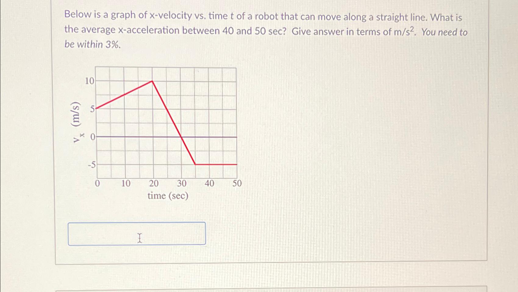 Below is a graph of x-velocity vs. time t of a robot that can move along a straight line. What is the average