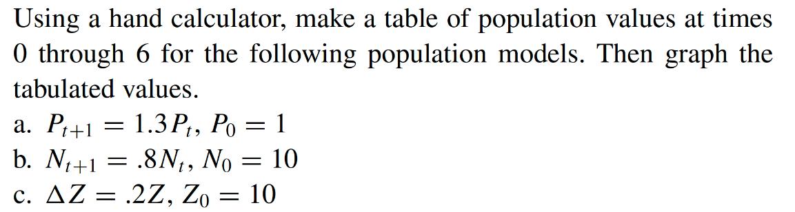 Using a hand calculator, make a table of population values at times 0 through 6 for the following population