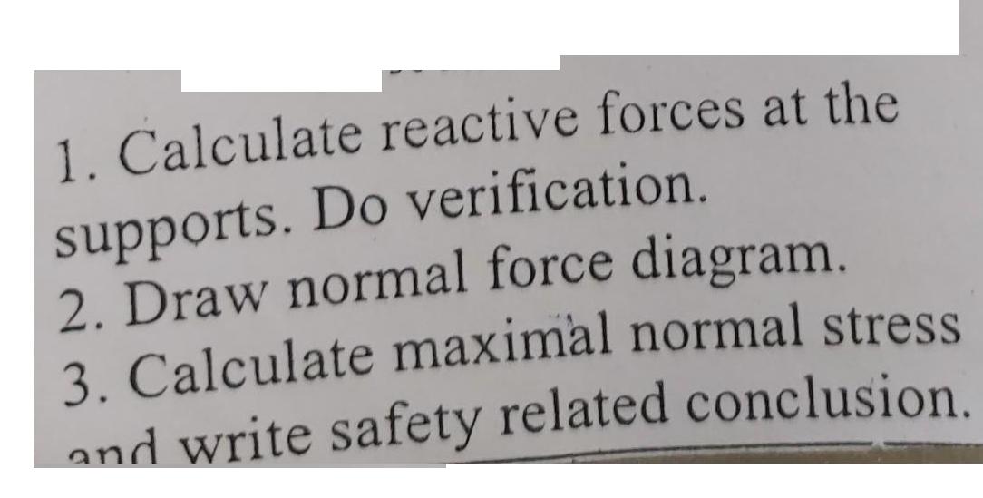 1. Calculate reactive forces at the supports. Do verification. 2. Draw normal force diagram. 3. Calculate