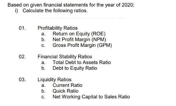 Based on given financial statements for the year of 2020; i) Calculate the following ratios. 01. 02. 03.