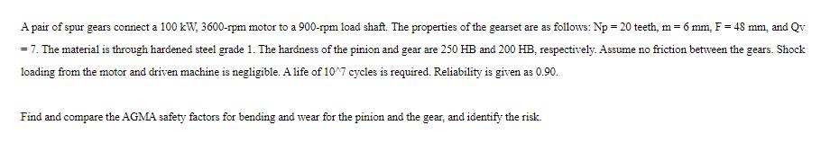 A pair of spur gears connect a 100 kW, 3600-rpm motor to a 900-rpm load shaft. The properties of the gearset