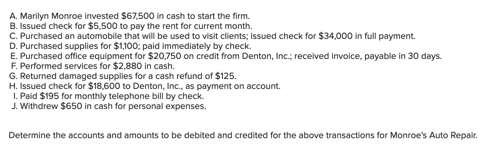 A. Marilyn Monroe invested $67,500 in cash to start the firm. B. Issued check for $5,500 to pay the rent for