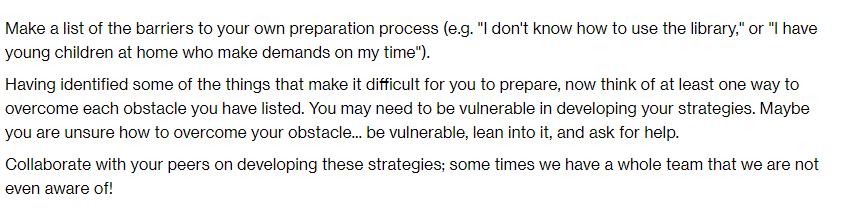 Make a list of the barriers to your own preparation process (e.g. 