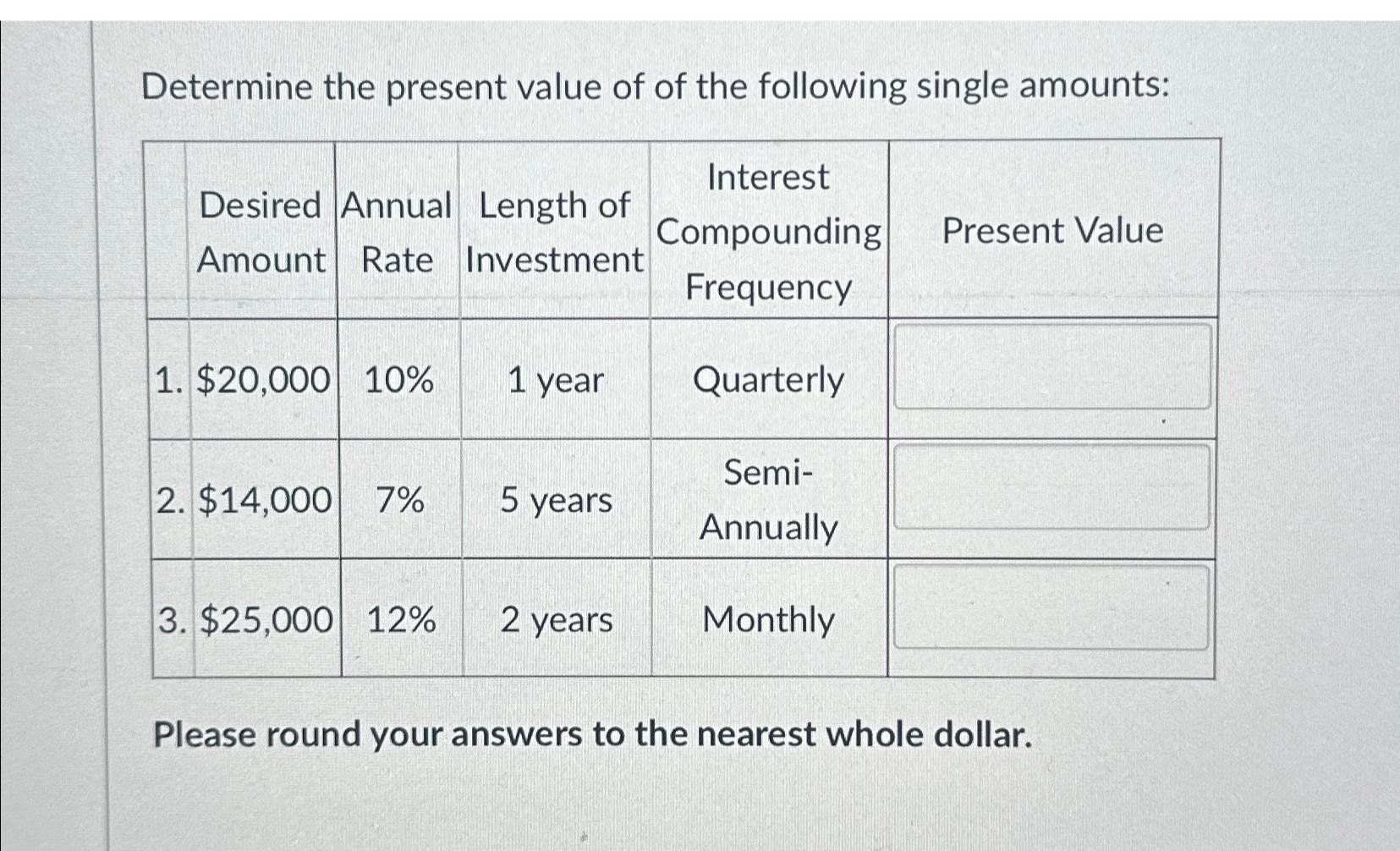 Determine the present value of of the following single amounts: Desired Annual Length of Amount Rate