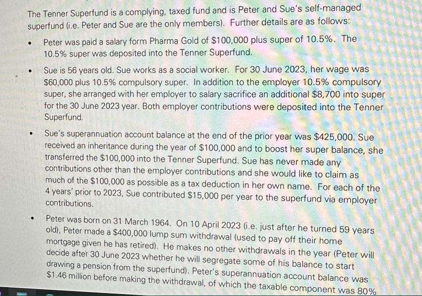 The Tenner Superfund is a complying, taxed fund and is Peter and Sue's self-managed superfund (i.e. Peter and