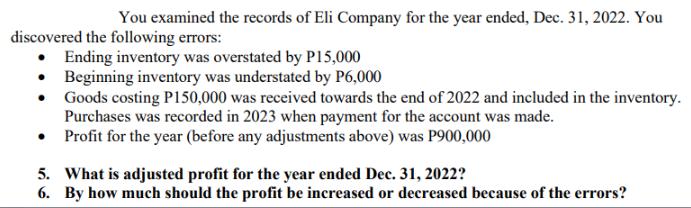 You examined the records of Eli Company for the year ended, Dec. 31, 2022. You discovered the following