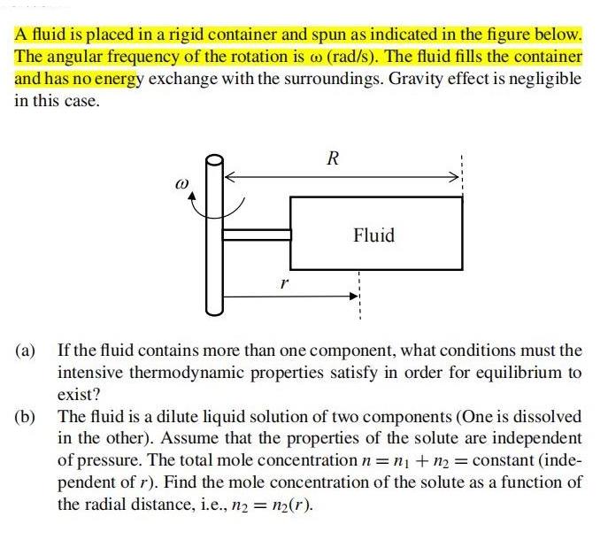 A fluid is placed in a rigid container and spun as indicated in the figure below. The angular frequency of