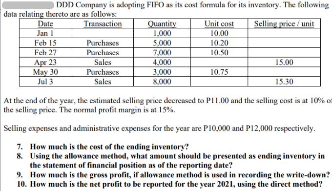 DDD Company is adopting FIFO as its cost formula for its inventory. The following Selling price / unit data