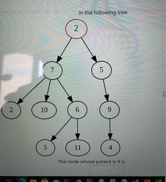 2 10 5 7 In the following tree 2 6 11 5 9 4 The node whose parent is 9 is Y