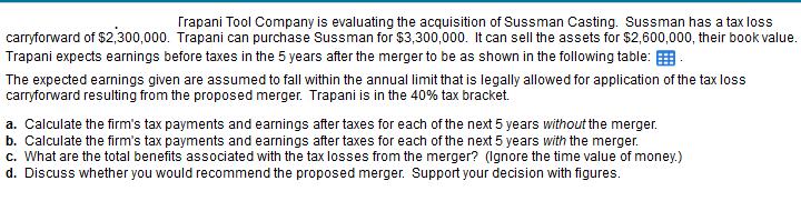 Trapani Tool Company is evaluating the acquisition of Sussman Casting. Sussman has a tax loss carryforward of