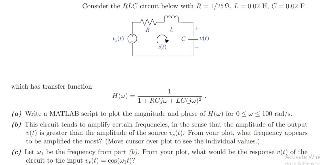 Consider the RLC circuit below with R = 1/25, L = 0.02 H, C = 0.02 F which has transfer function v, (t) R