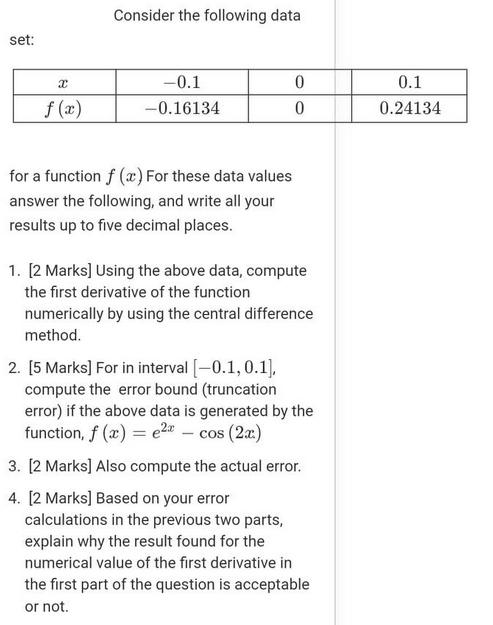 set: x f (x) Consider the following data -0.1 -0.16134 for a function f (x) For these data values answer the