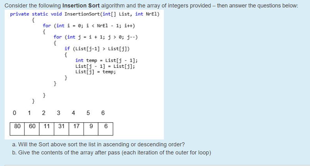 Consider the following Insertion Sort algorithm and the array of integers provided - then answer the