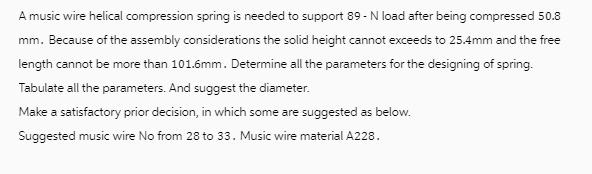 A music wire helical compression spring is needed to support 89-N load after being compressed 50.8 mm.