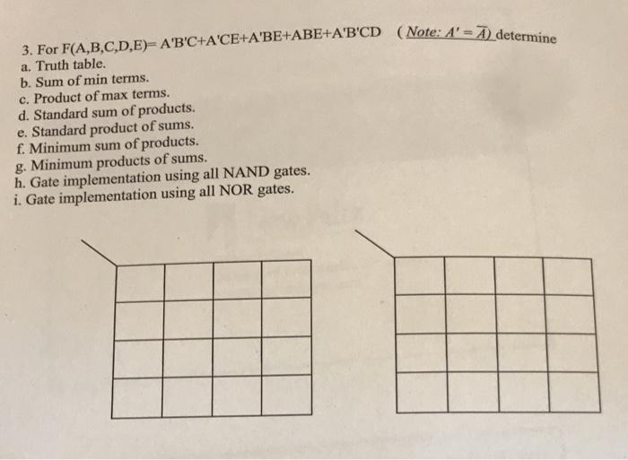 3. For F(A,B,C,D,E)= A'B'C+A'CE+A'BE+ABE+A'B'CD (Note: A' =) determine a. Truth table. b. Sum of min terms.