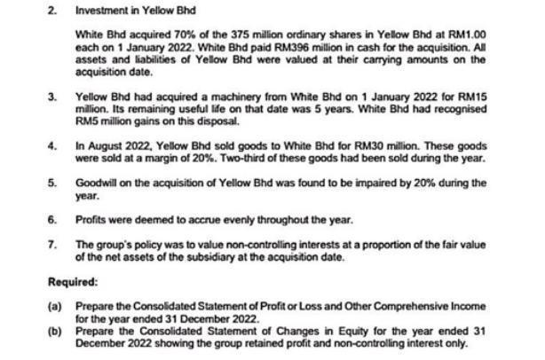 2. Investment in Yellow Bhd White Bhd acquired 70% of the 375 million ordinary shares in Yellow Bhd at RM1.00