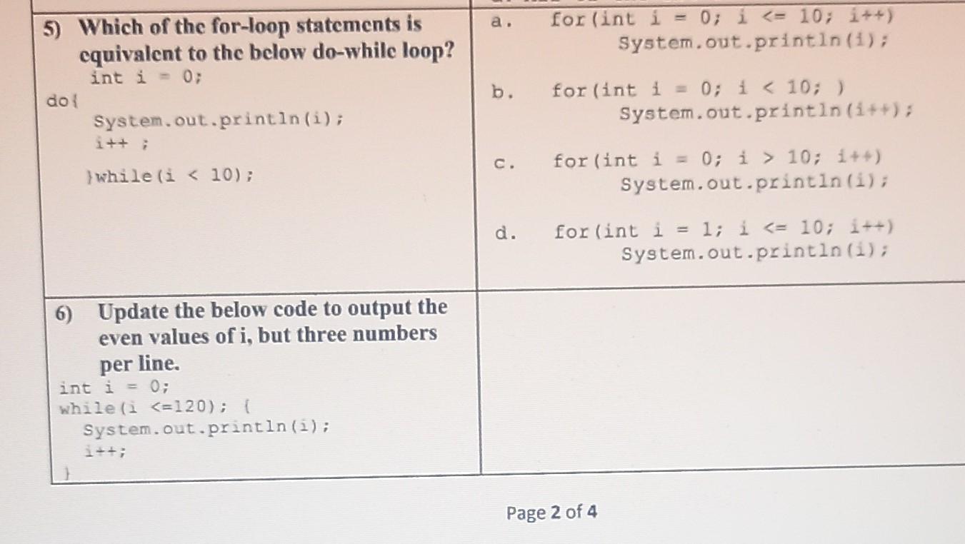 5) Which of the for-loop statements is equivalent to the below do-while loop? int i = 0;