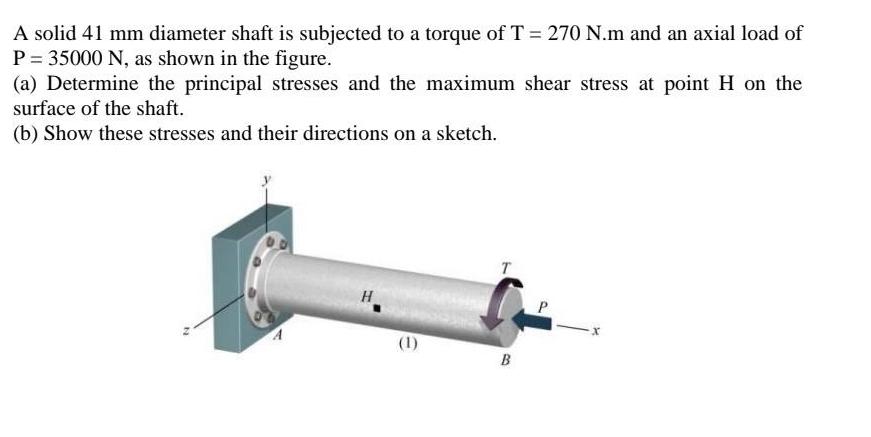A solid 41 mm diameter shaft is subjected to a torque of T = 270 N.m and an axial load of P = 35000 N, as