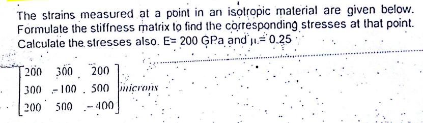 The strains measured at a point in an isotropic material are given below. Formulate the stiffness matrix to