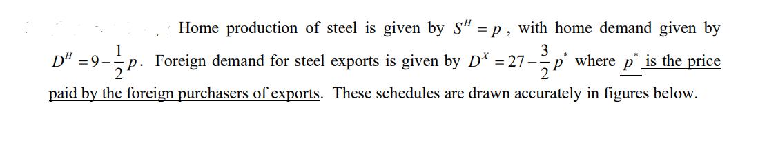 Home production of steel is given by S" =p, with home demand given by DH = 9 p. Foreign demand for steel