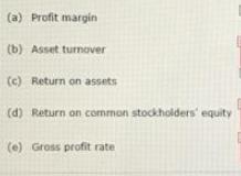 (a) Profit margin (b) Asset turnover (c) Return on assets (d) Return on common stockholders' equity (e) Gross