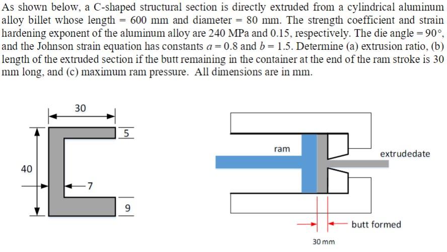 As shown below, a C-shaped structural section is directly extruded from a cylindrical aluminum alloy billet
