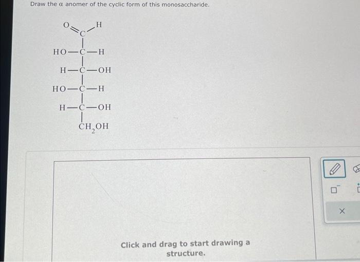 Draw the a anomer of the cyclic form of this monosaccharide. H HO-C-H H-C-OH HO-C-H H-C-OH CHOH Click and