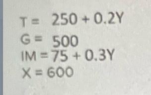T= 250+ 0.2Y G= 500 IM=75 +0.3Y X = 600