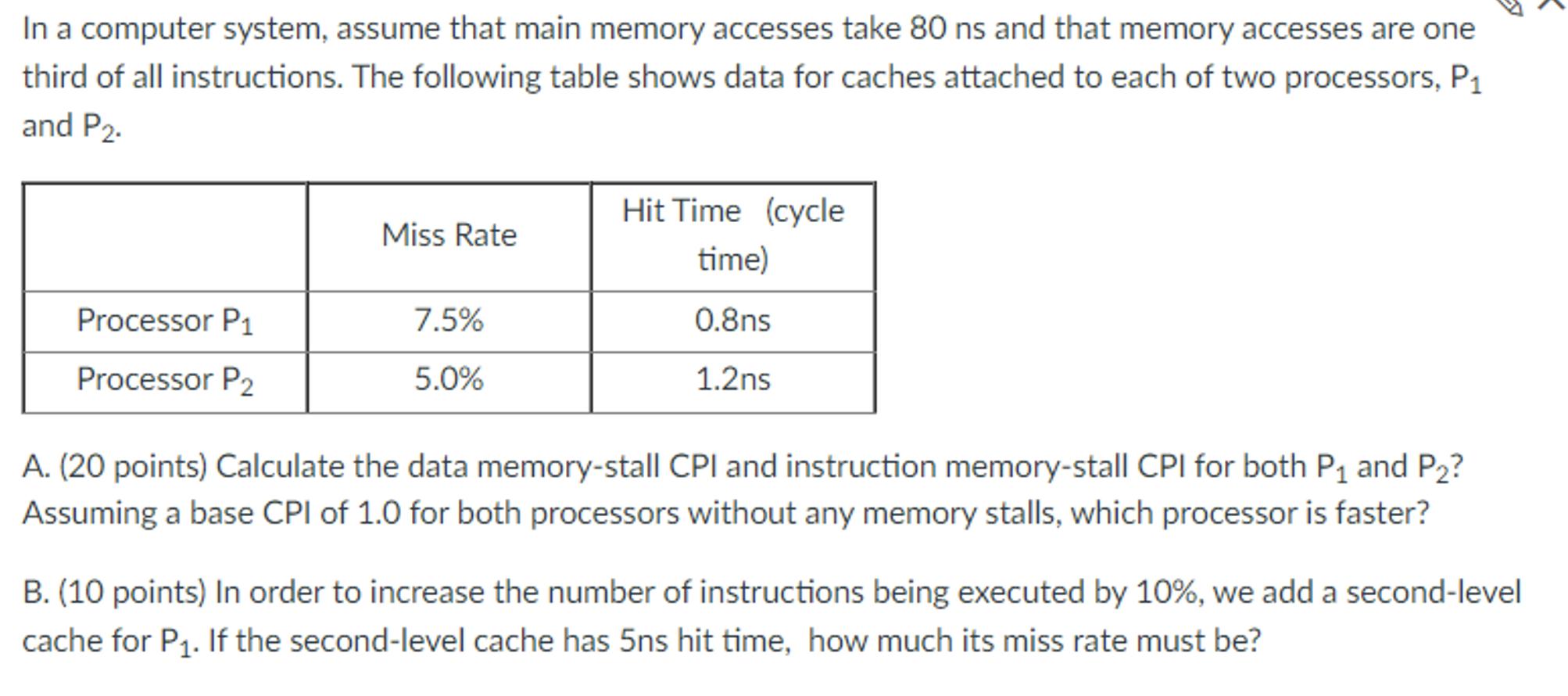 In a computer system, assume that main memory accesses take 80 ns and that memory accesses are one third of