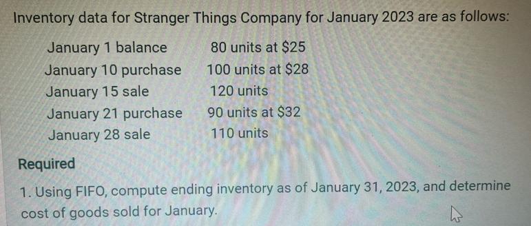 Inventory data for Stranger Things Company for January 2023 are as follows: January 1 balance 80 units at $25