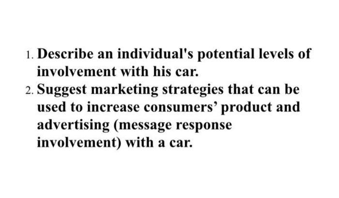 1. Describe an individual's potential levels of involvement with his car. 2. Suggest marketing strategies