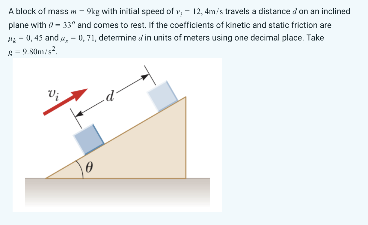 A block of mass m = 9kg with initial speed of v; = 12, 4m/s travels a distance d on an inclined 33 and comes